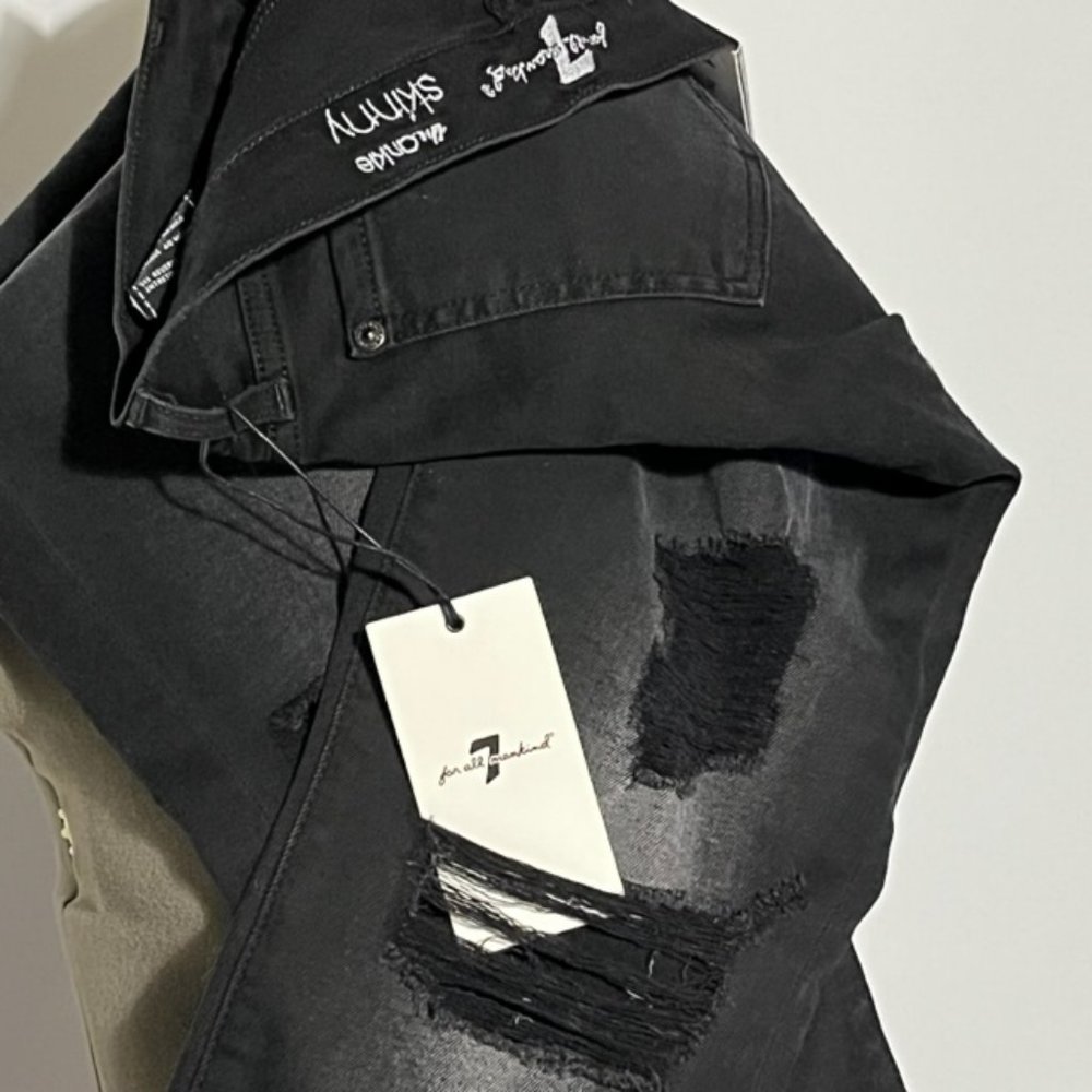 7 FOR ALL MANKIND Black Distressed Ankle Skinny Jeans Size 31 NWT - Picture 6 of 15